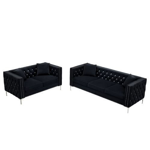 FFH 2 Piece Modern Velvet Living Room Set with Sofa and Loveseat,Jeweled Button Tufted Copper Nails Square Arms Black,4 Pillows Included