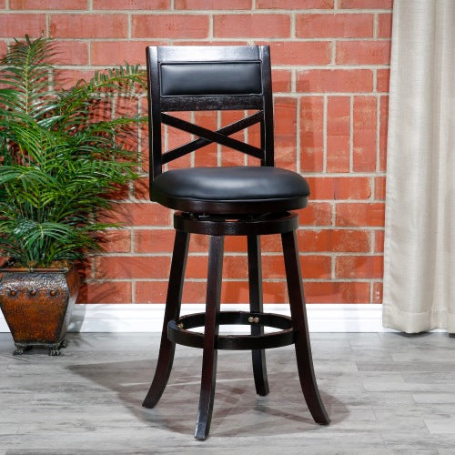FFH 30" Bar Height X-Back Swivel Stool, Espresso Finish, Black Leather Seat