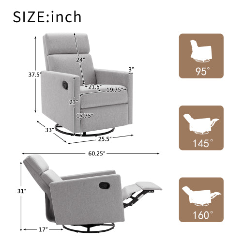 FFH Modern Upholstered Rocker Nursery Chair Plush Seating Glider Swivel Recliner Chair, Gray