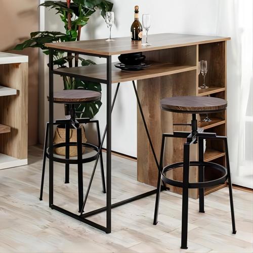 FFH Set of 2 Swivel Adjustable Height Bar Stool - WALNUT &amp; BLACK