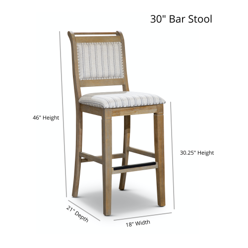 FFH 30&quot; Bar Stool, Rustic Gray Finish, Gray Stripe Fabric Seat