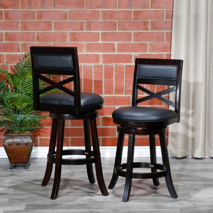 FFH 30&quot; Bar Height X-Back Swivel Stool, Espresso Finish, Black Leather Seat