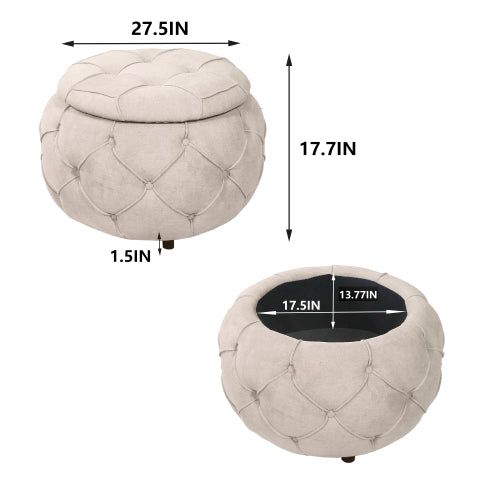 FFH Large Button Tufted Woven Round Storage Ottoman for Living Room &amp; Bedroom,17.7&quot;H Burlap Beige