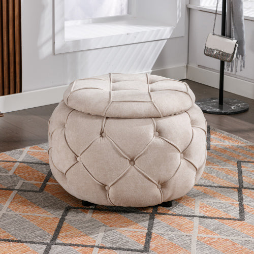 FFH Large Button Tufted Woven Round Storage Ottoman for Living Room & Bedroom,17.7"H Burlap Beige