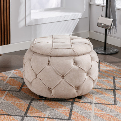 FFH Large Button Tufted Woven Round Storage Ottoman for Living Room &amp; Bedroom,17.7&quot;H Burlap Beige