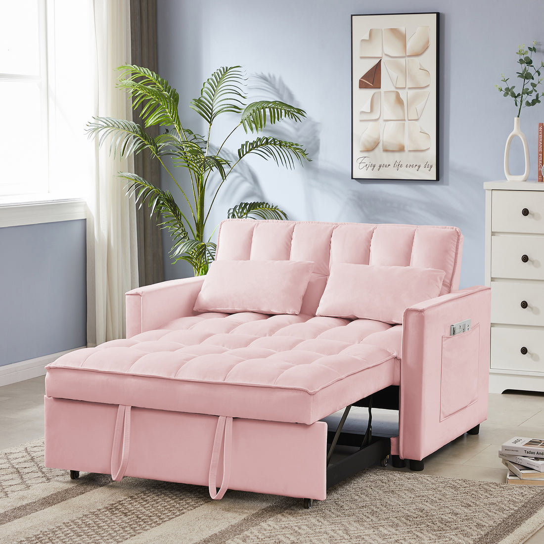 FFH 55" Convertible Sleeper Loveseat, Modern Velvet Futon Sofa Bed, Pull Out Sofa Bed for Apartment, Pink