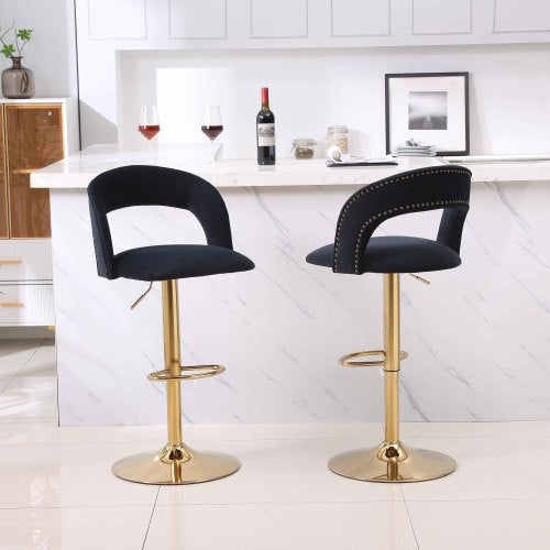 FFH Modern Barstools Bar Height, Swivel Velvet Bar Stool Counter Height Bar Chairs Adjustable Tufted Stool with Back&amp; Footrest for Home Bar Kitchen Island Chair (Black, Set of 2)