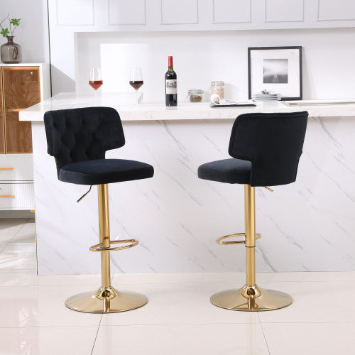 FFH Modern Barstools Bar Height, Swivel Velvet Bar Stool Counter Height Bar Chairs Adjustable Tufted Stool with Back& Footrest for Home Bar Kitchen Island Chair (Black, Set of 2)