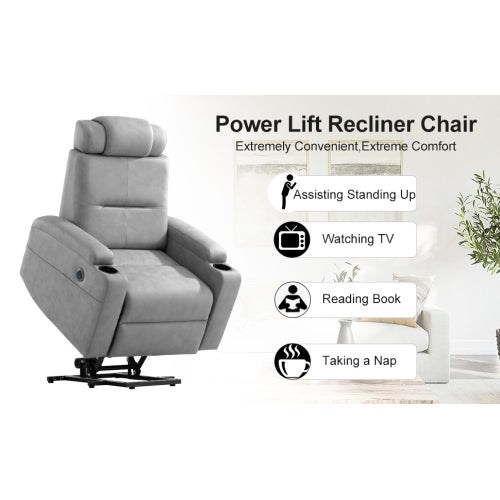 FFH Power Lift Recliner Chair for Elderly,Recliner Chair for Living Room,Modern Reclining Sofa Chair, Electric Lift Recliner for Seniors,Side Pocket,USB Charge Port (Light Gray)