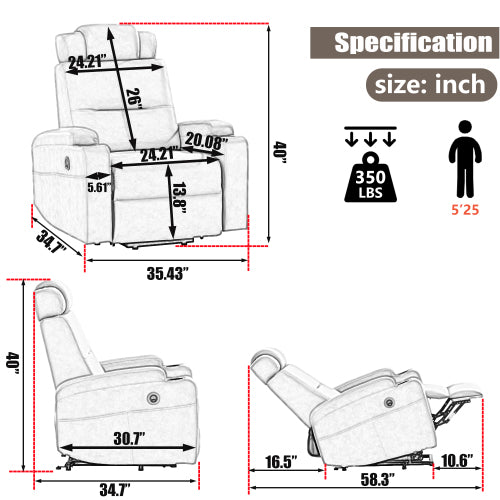 FFH Power Lift Recliner Chair for Elderly,Recliner Chair for Living Room,Modern Reclining Sofa Chair, Electric Lift Recliner for Seniors,Side Pocket,USB Charge Port (Light Gray)