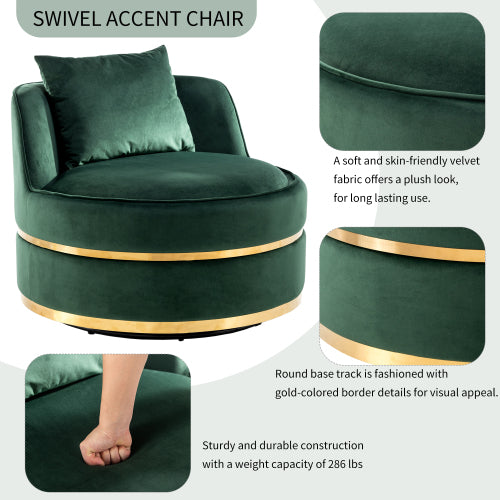 FFH 360 Degree Swivel Accent Chair Velvet Modern Upholstered Barrel Chair Over-Sized Soft Chair with Seat Cushion for Living Room, Bedroom, Office, Apartment, Green