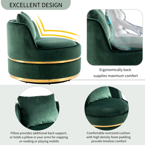 FFH 360 Degree Swivel Accent Chair Velvet Modern Upholstered Barrel Chair Over-Sized Soft Chair with Seat Cushion for Living Room, Bedroom, Office, Apartment, Green