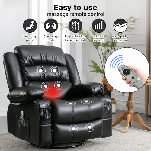 FFH Massage Swivel Rocker Recliner Chair with Vibration Massage and Heat Ergonomic Lounge Chair for Living Room with Rocking Function and Side Pocket 2 Cup Holders USB Charge Port ,black