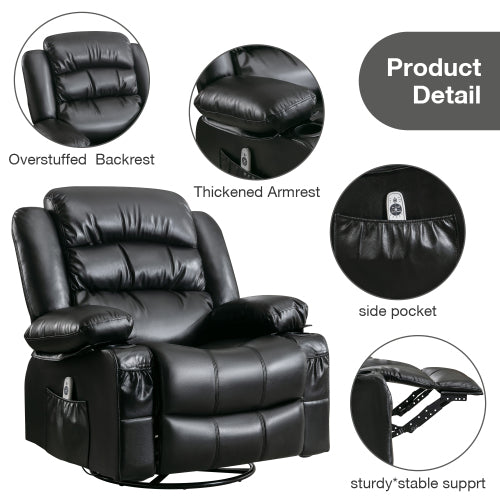 FFH Massage Swivel Rocker Recliner Chair with Vibration Massage and Heat Ergonomic Lounge Chair for Living Room with Rocking Function and Side Pocket 2 Cup Holders USB Charge Port ,black