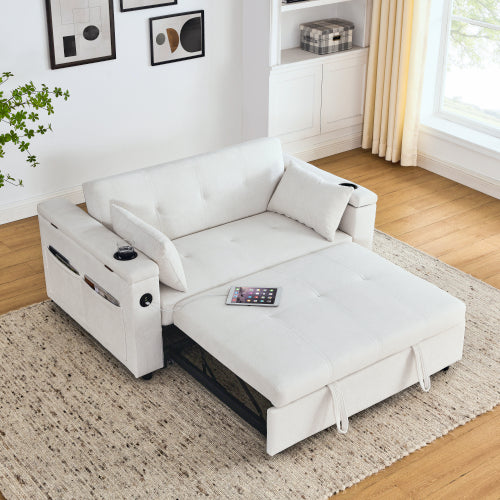 FFH 3 in 1 Convertible Pull Out Sofa Bed with Storage, Loveseat Sleeper Sofa for living room with 3-Level Adjustable Backrest, USB Ports, Side Pockets, and Cup Holders