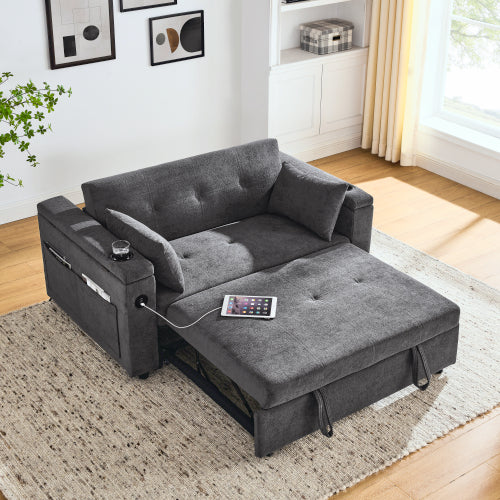 FFH 3 in 1 Convertible Pull Out Sofa Bed with Storage, Loveseat Sleeper Sofa for living room with 3-Level Adjustable Backrest, USB Ports, Side Pockets, and Cup Holders