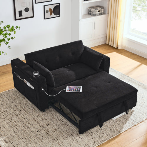 FFH 3 in 1 Convertible Pull Out Sofa Bed with Storage, Loveseat Sleeper Sofa for living room with 3-Level Adjustable Backrest, USB Ports, Side Pockets, and Cup Holders