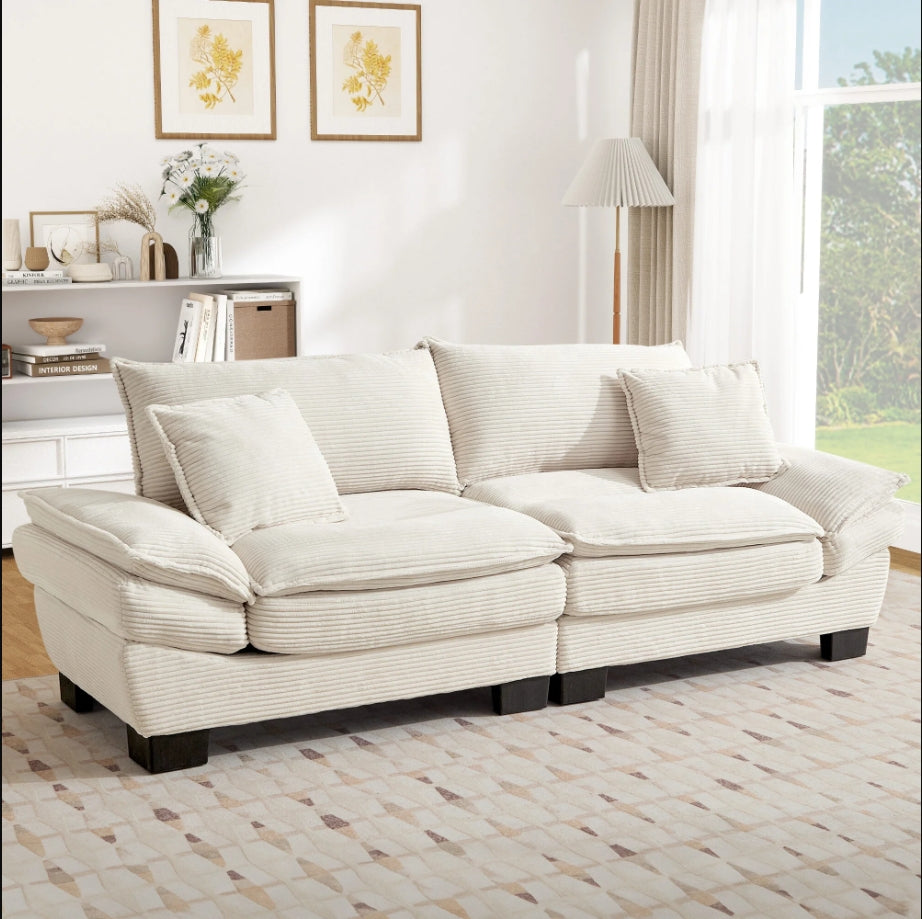 FFH 80&quot;L Corduroy Deep Seat Sofa, Upholstered 3-Seater Sleeper Couch for Living Room, Beige
