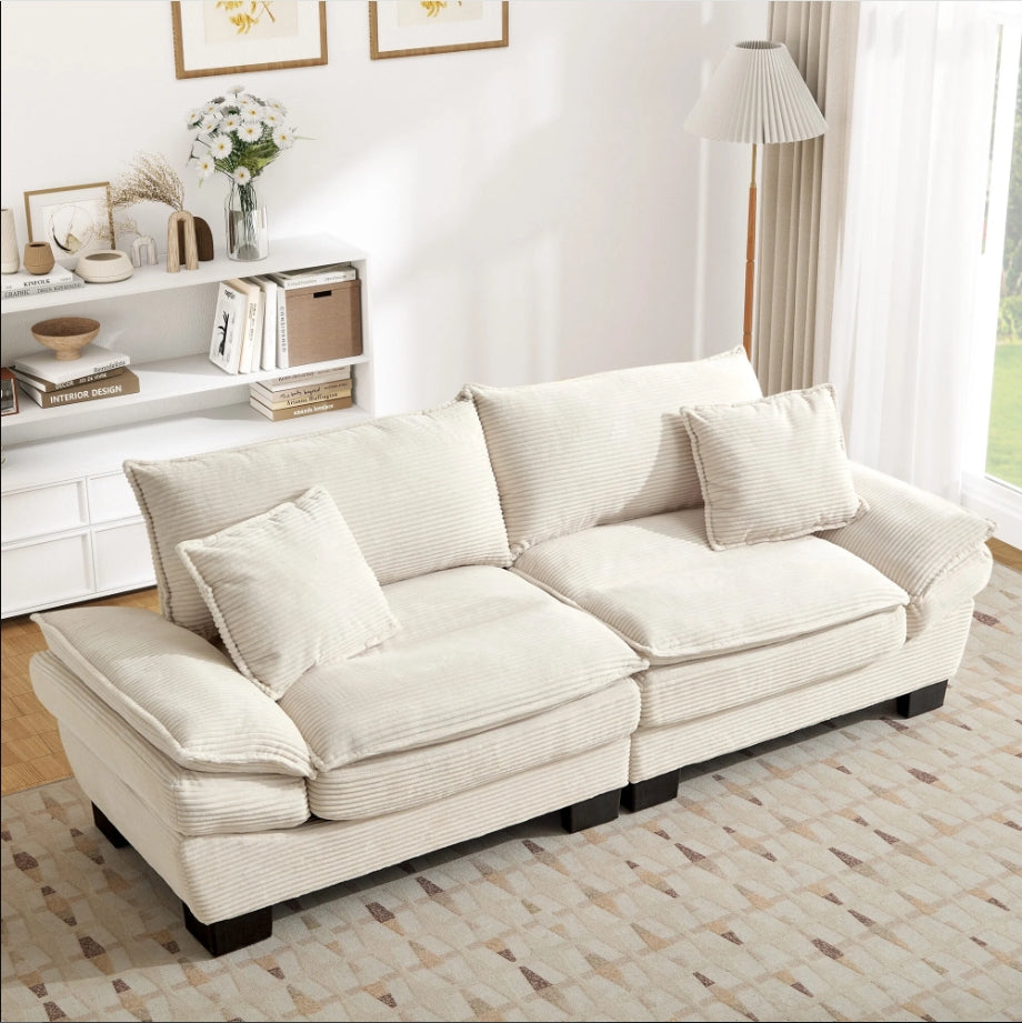 FFH 80&quot;L Corduroy Deep Seat Sofa, Upholstered 3-Seater Sleeper Couch for Living Room, Beige