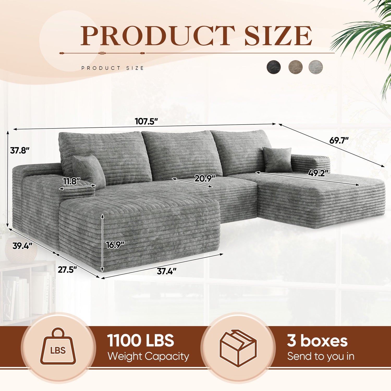 FFH 107&quot; Cloud Sectional Sofa with Right Chaise, Cozy U-Shaped Modular Sofa with Ottoman, Plush Corduroy Sleeper Bed Couch, No Assembly Required, Gray