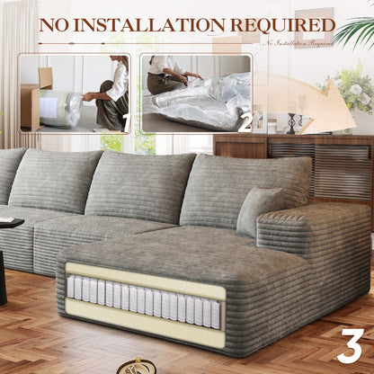 FFH 107&quot; Cloud Sectional Sofa with Right Chaise, Cozy L-Shaped Modular Sofa, Plush Corduroy Sleeper Bed Couch, No Assembly Required, Gray