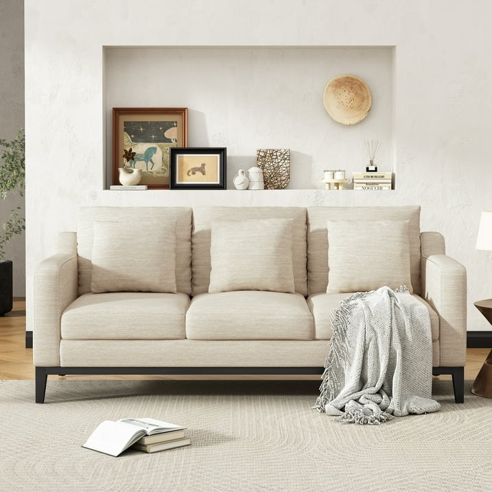 FFH 3-Seater Fabric Lounge Sofa with 3 Pillows &amp; Deep Seat, Modern Comfy Upholstered Couch with Wood Legs, 80.5&quot;*34&quot;*34&quot;