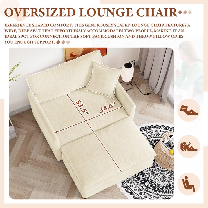 FFH Oversized Chair with Ottoman, Chenille Accent Armchair, Lounge Chair Indoor, Cloud Sofa Chair for Living Room, Bedroom, Beige