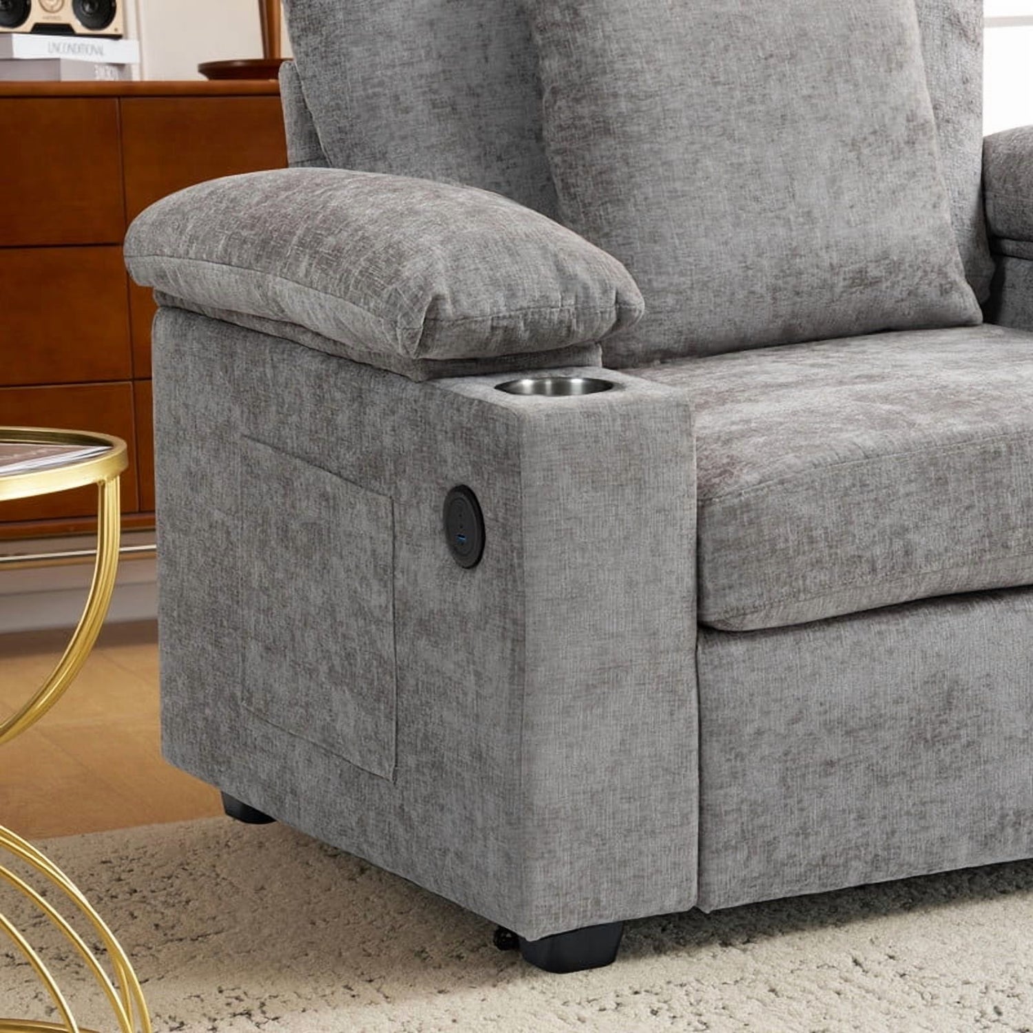 FFH Accent Chair, Modern Oversized Chair with Ottoman, Chenille Comfy Sofa Bed with Cup Holders, Charging Ports and Storage Space