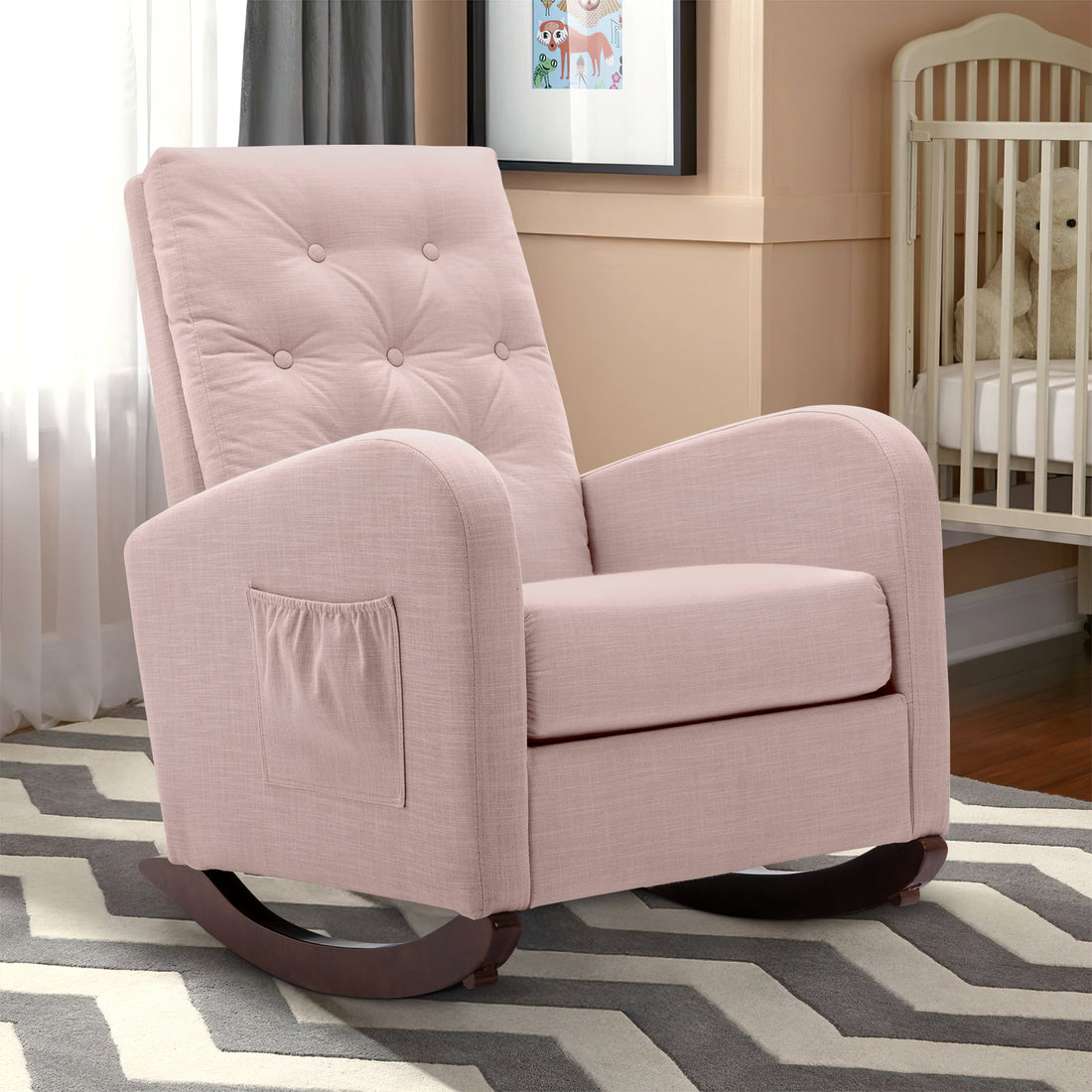 FFH Glider Rocker for Living Room, Rocking Chair for Nursery, Tufted High Back, Pink Linen
