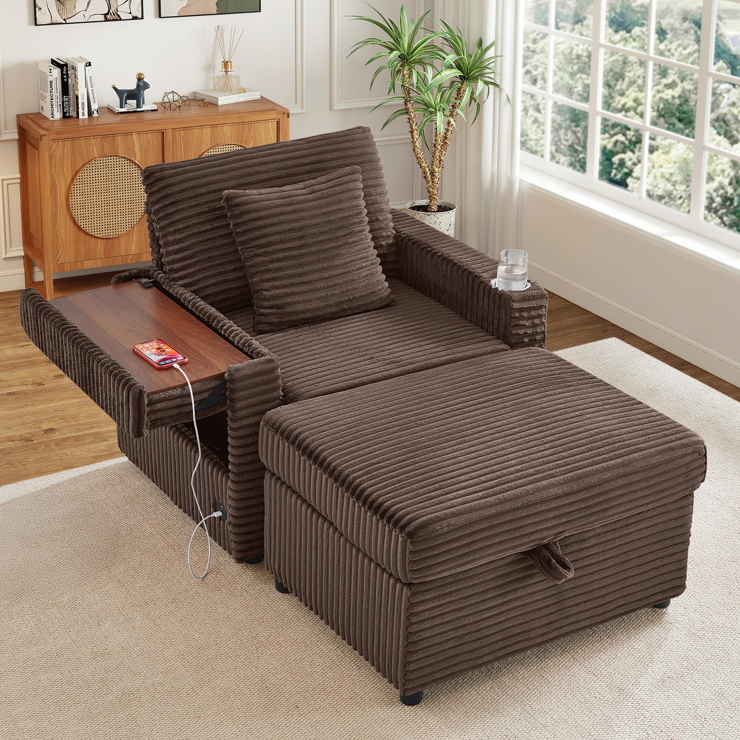 FFH Accent Chair with Storage Ottoman &amp; Side Table, Cozy Lounge Chair with USB, Modern Single Sofa Armchair for Living Room, Brown Corduroy