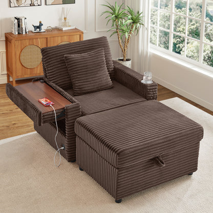 FFH Accent Chair with Storage Ottoman &amp; Side Table, Cozy Lounge Chair with USB, Modern Single Sofa Armchair for Living Room, Brown Corduroy