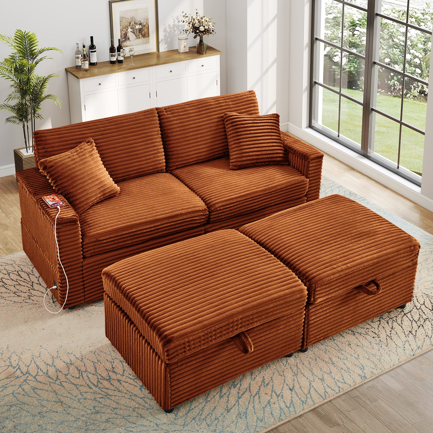 FFH Loveseat Sectional Sofa with 2 Storage Ottomans, Modular Cloud Couch with 2 Side Tables &amp; USB, Plush Double Chaise Lounge Sofa Bed Indoor, Orange Corduroy