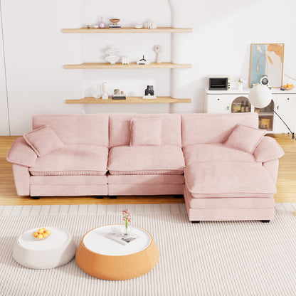 FFH Modular Sectional Cloud Couch with Ottoman, Oversized L-Shaped Corduroy Sofa for Living Room, Pink