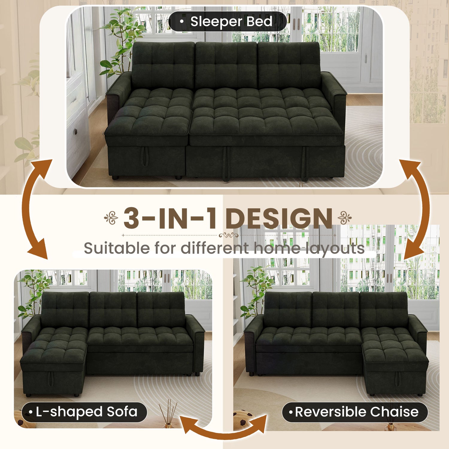 FFH Convertible Sofa Bed, Sectional Sleeper Sofa with Storage Chaise, L-Shaped Couch for Living Room, Green Chenille