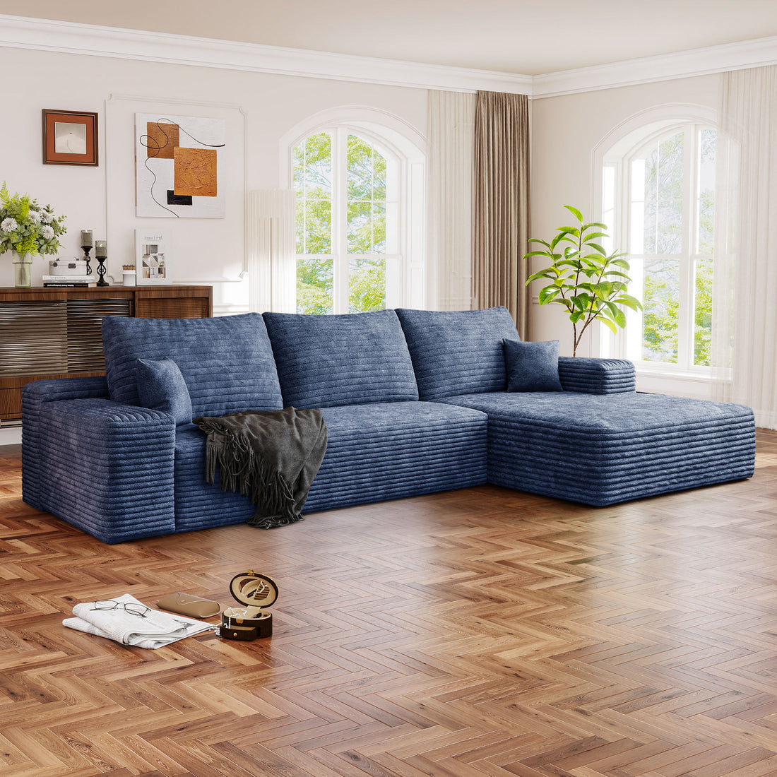 FFH 107" Cloud Sectional Sofa with Right Chaise, Cozy L-Shaped Modular Sofa, Plush Corduroy Sleeper Bed Couch, No Assembly Required, Blue