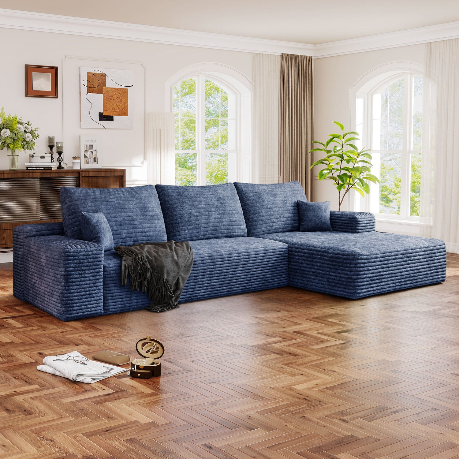 FFH 107" Cloud Sectional Sofa with Right Chaise, Cozy L-Shaped Modular Sofa, Plush Corduroy Sleeper Bed Couch, No Assembly Required, Blue