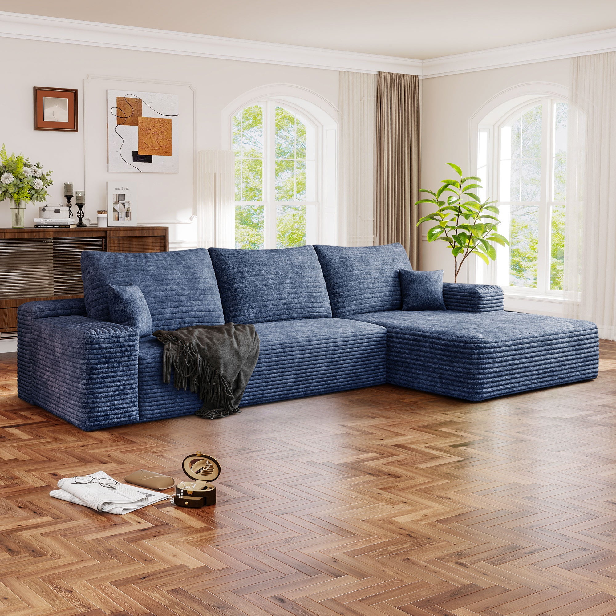 FFH 107" Cloud Sectional Sofa with Right Chaise, Cozy L-Shaped Modular Sofa, Plush Corduroy Sleeper Bed Couch, No Assembly Required, Blue