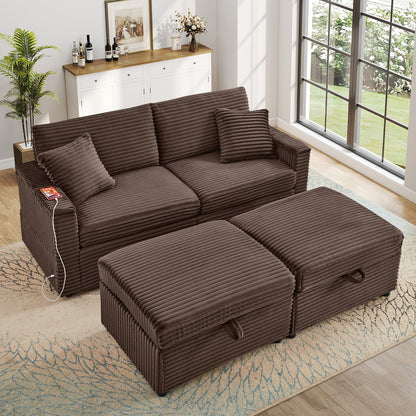 FFH Loveseat Sectional Sofa with 2 Storage Ottomans, Modular Cloud Couch with 2 Side Tables &amp; USB, Plush Double Chaise Lounge Sofa Bed Indoor, Brown Corduroy