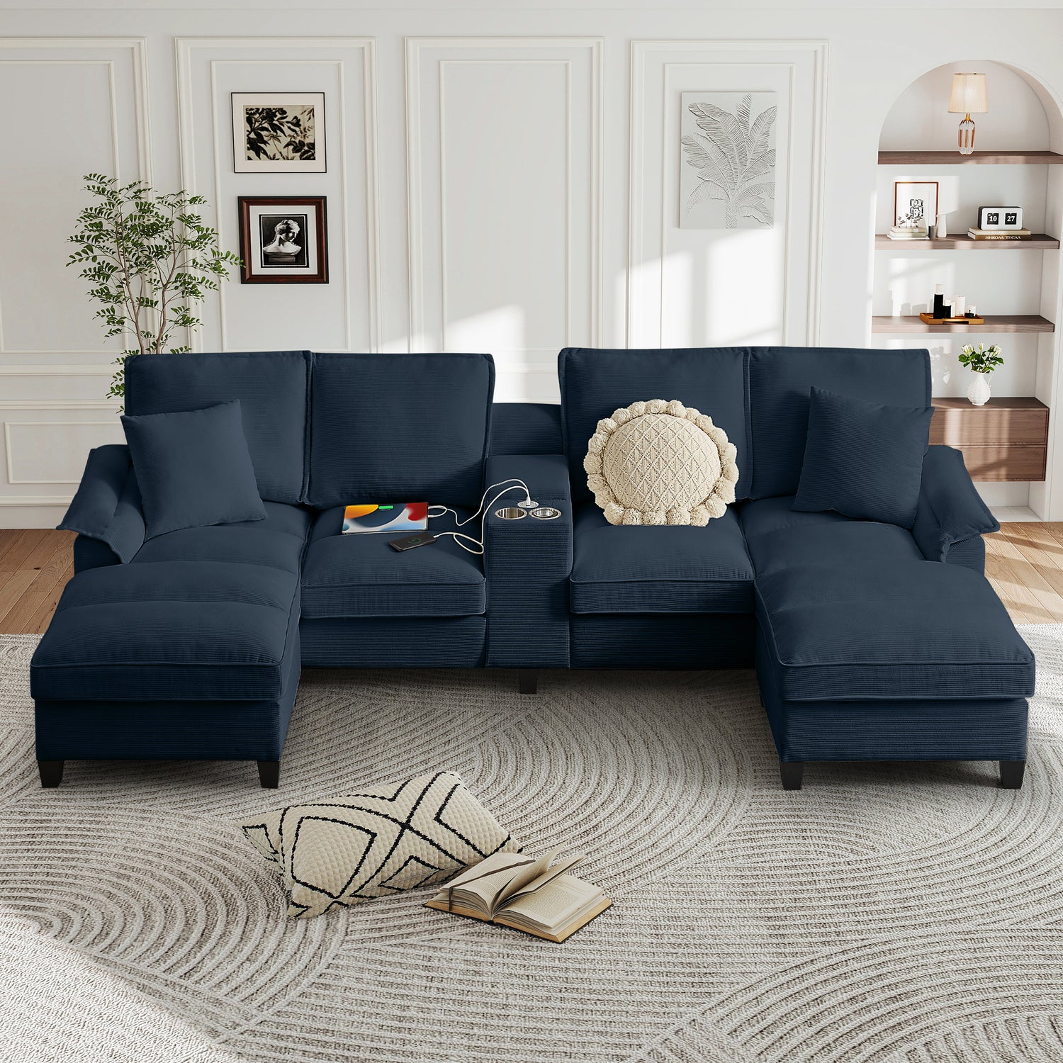 FFH 120" U-Shaped Sectional Sofa with USB &amp; Storage, Living Room 4-Seater Couch with Double Chaise Lounge, Cup Holders, Blue Corduroy