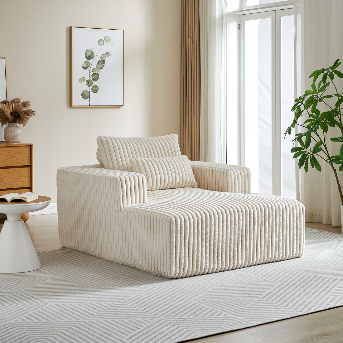 FFH Oversized Chaise Lounge Indoor, No Assembly Required, Plush Lounge Chair Indoor, Cozy Sleeper Chair Bed, Beige Corduroy