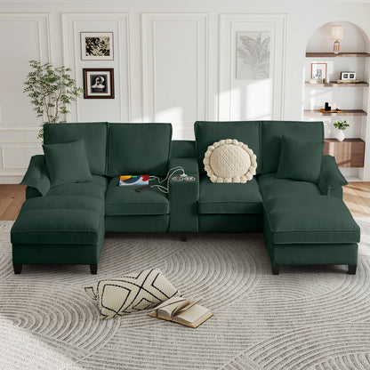 FFH 120&quot; U-Shaped Sectional Sofa with USB &amp; Storage, Living Room 4-Seater Couch with Double Chaise Lounge, Cup Holders, Green Corduroy