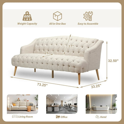 FFH 3-Seater Velvet Lounge Sofa with Tufted Backrest &amp; Deep Seat Cushion, Comfy Upholstered Couch with Wood Legs, 73.25&quot;*33.25&quot;*32.5&quot;