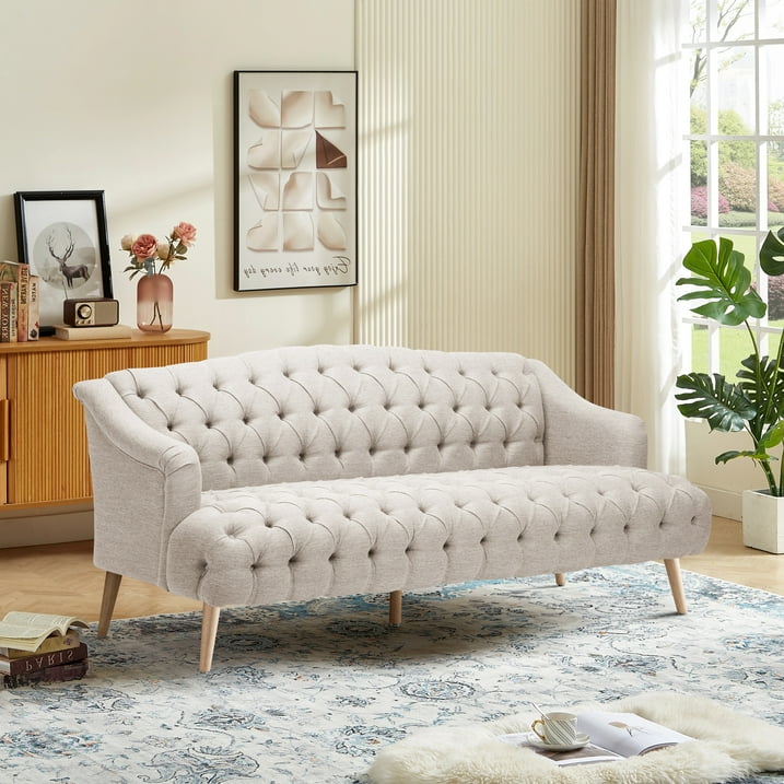 FFH 3-Seater Velvet Lounge Sofa with Tufted Backrest &amp; Deep Seat Cushion, Comfy Upholstered Couch with Wood Legs, 73.25&quot;*33.25&quot;*32.5&quot;