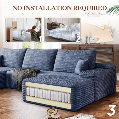 FFH 107" Cloud Sectional Sofa with Right Chaise, Cozy L-Shaped Modular Sofa, Plush Corduroy Sleeper Bed Couch, No Assembly Required, Blue