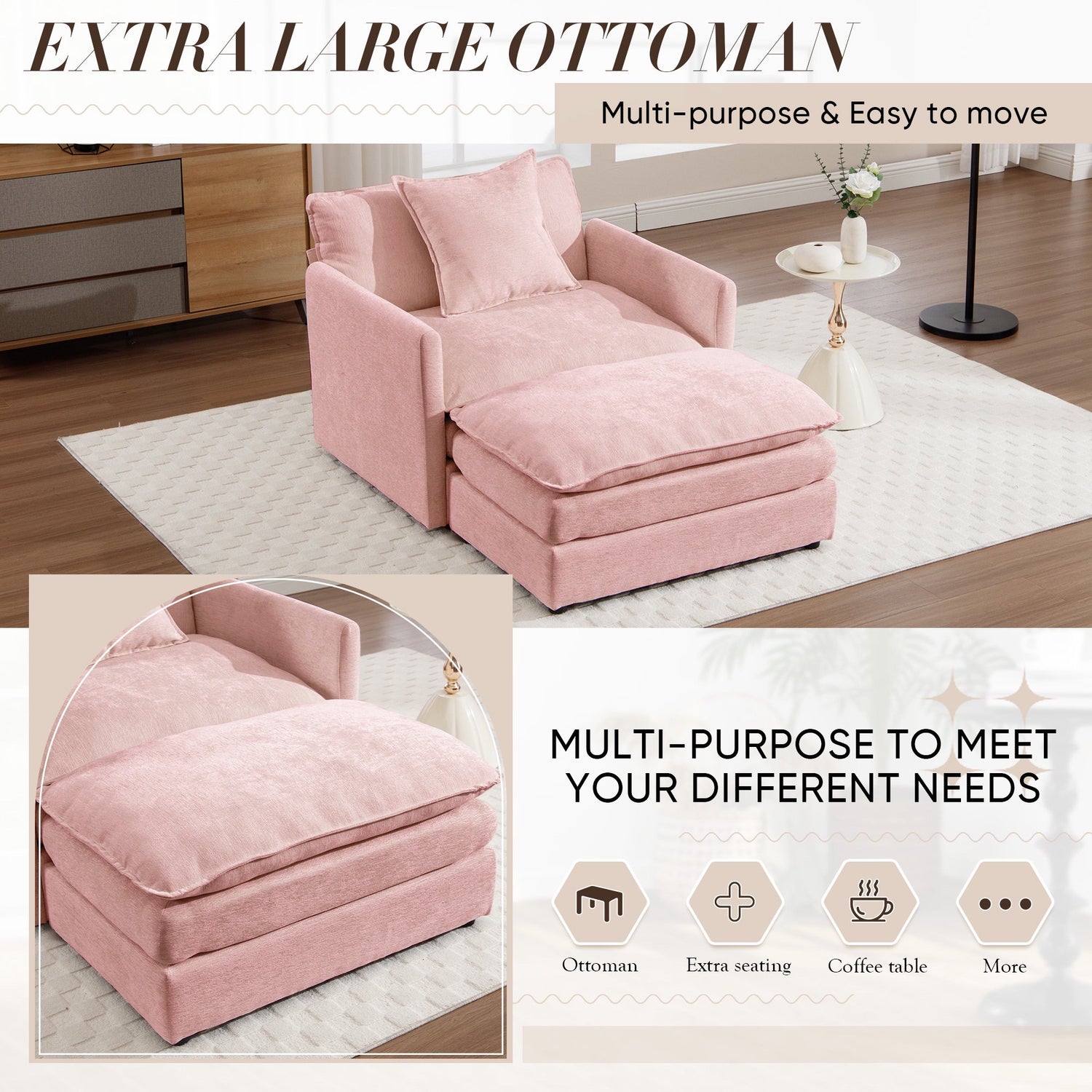FFH Oversized Lounge Chair with Ottoman, Plush Cloud Accent Armchair for Living Room, Bedroom, Pink Chenille