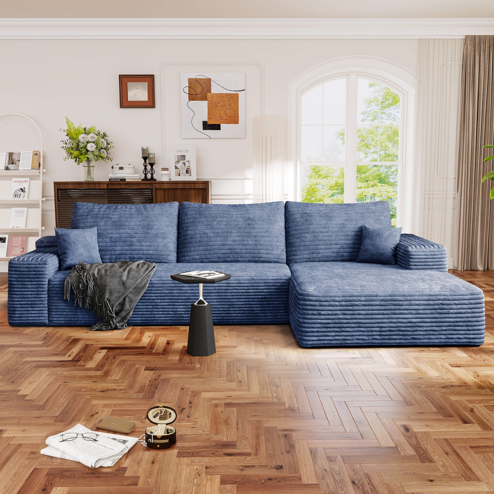 FFH 107" Cloud Sectional Sofa with Right Chaise, Cozy L-Shaped Modular Sofa, Plush Corduroy Sleeper Bed Couch, No Assembly Required, Blue