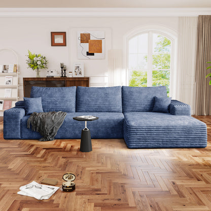 FFH 107" Cloud Sectional Sofa with Right Chaise, Cozy L-Shaped Modular Sofa, Plush Corduroy Sleeper Bed Couch, No Assembly Required, Blue
