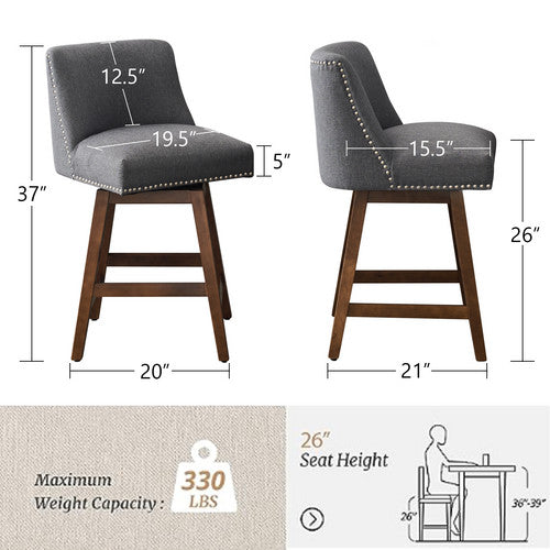 FFH 26&quot; Upholstered Swivel Bar Stools Set of 2, Modern Linen Fabric High Back Counter Stools with Nail Head Design and Wood Frame