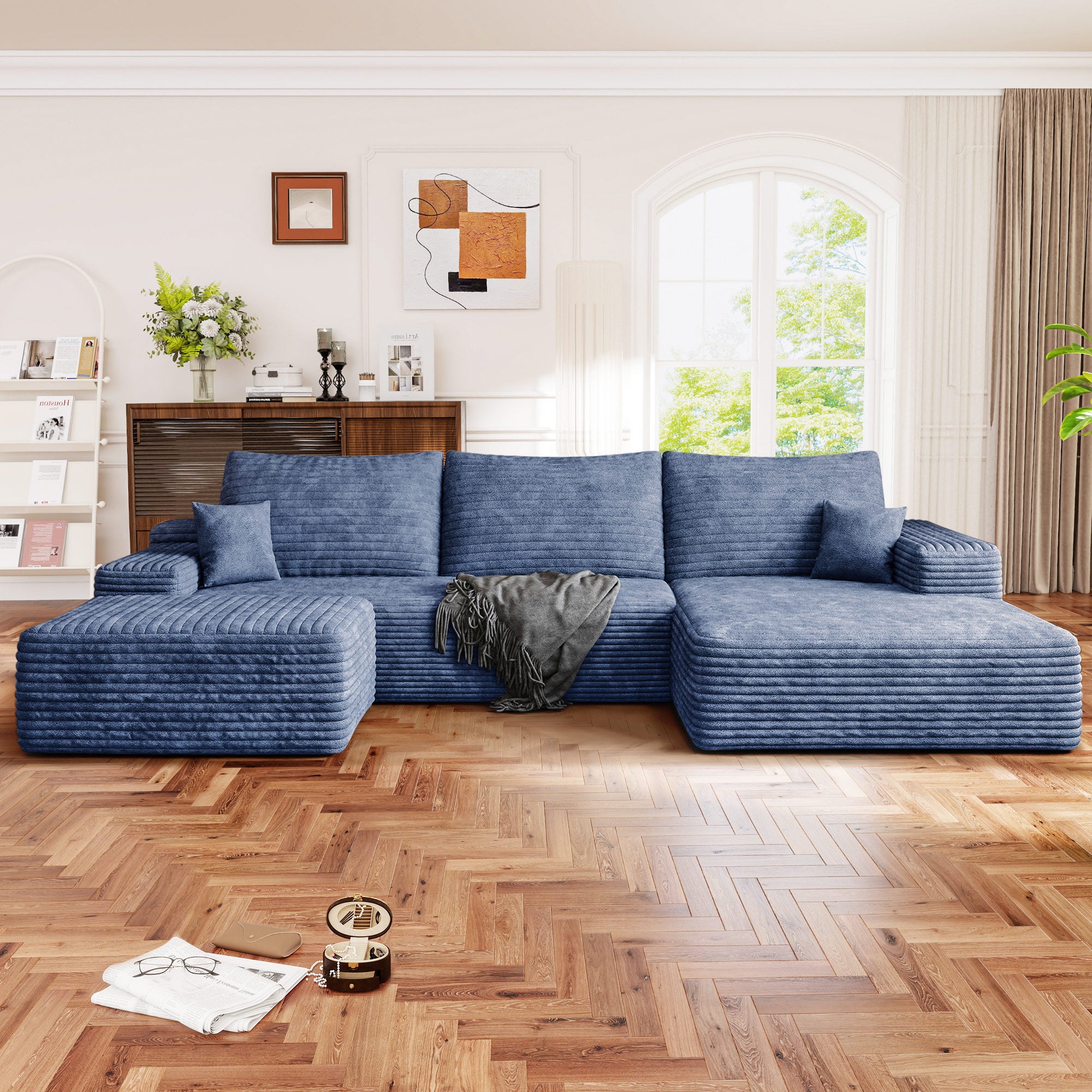 FFH 107" Cloud Sectional Sofa with Right Chaise, Cozy U-Shaped Modular Sofa with Ottoman, Plush Corduroy Sleeper Bed Couch, No Assembly Required, Blue