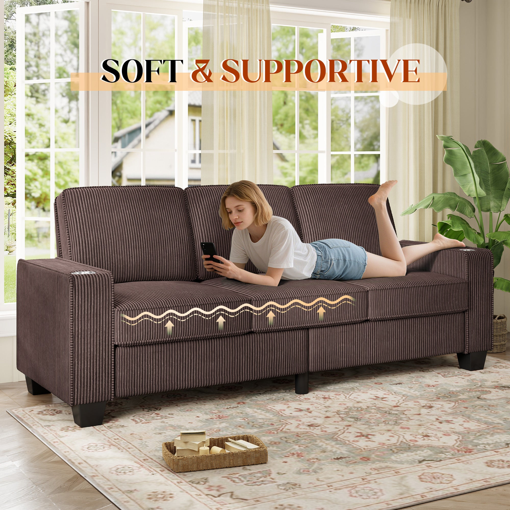 FFH 83.5" Living Room Sofa with Cup Holders, Cozy Plush Upholstered Couch, Corduroy Sofa 3-Seater, Brown